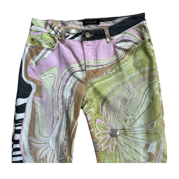 ROBERTO CAVALLI pink, apple green, tan, blk and cream vintage jeans, size L - Picture 3 of 12